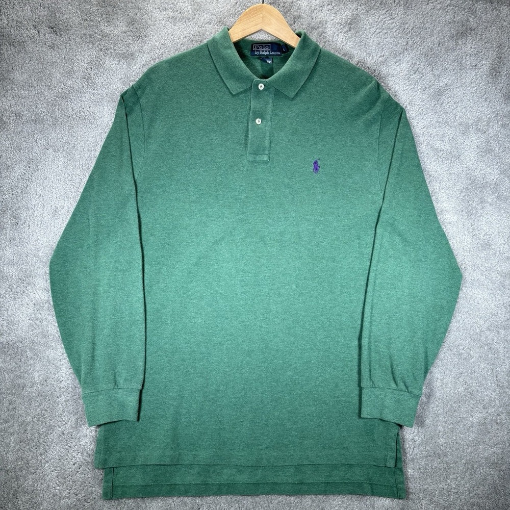 Vintage Polo Ralph Lauren Polo Shirt Mens L Green Cotton Long Sleeve Logo 90s